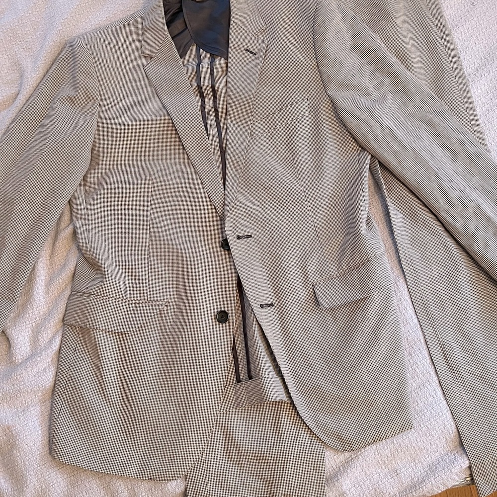 Bonobos Linen Suit Size 42 Regular Slim Fit White/Navy Houndstooth Pattern